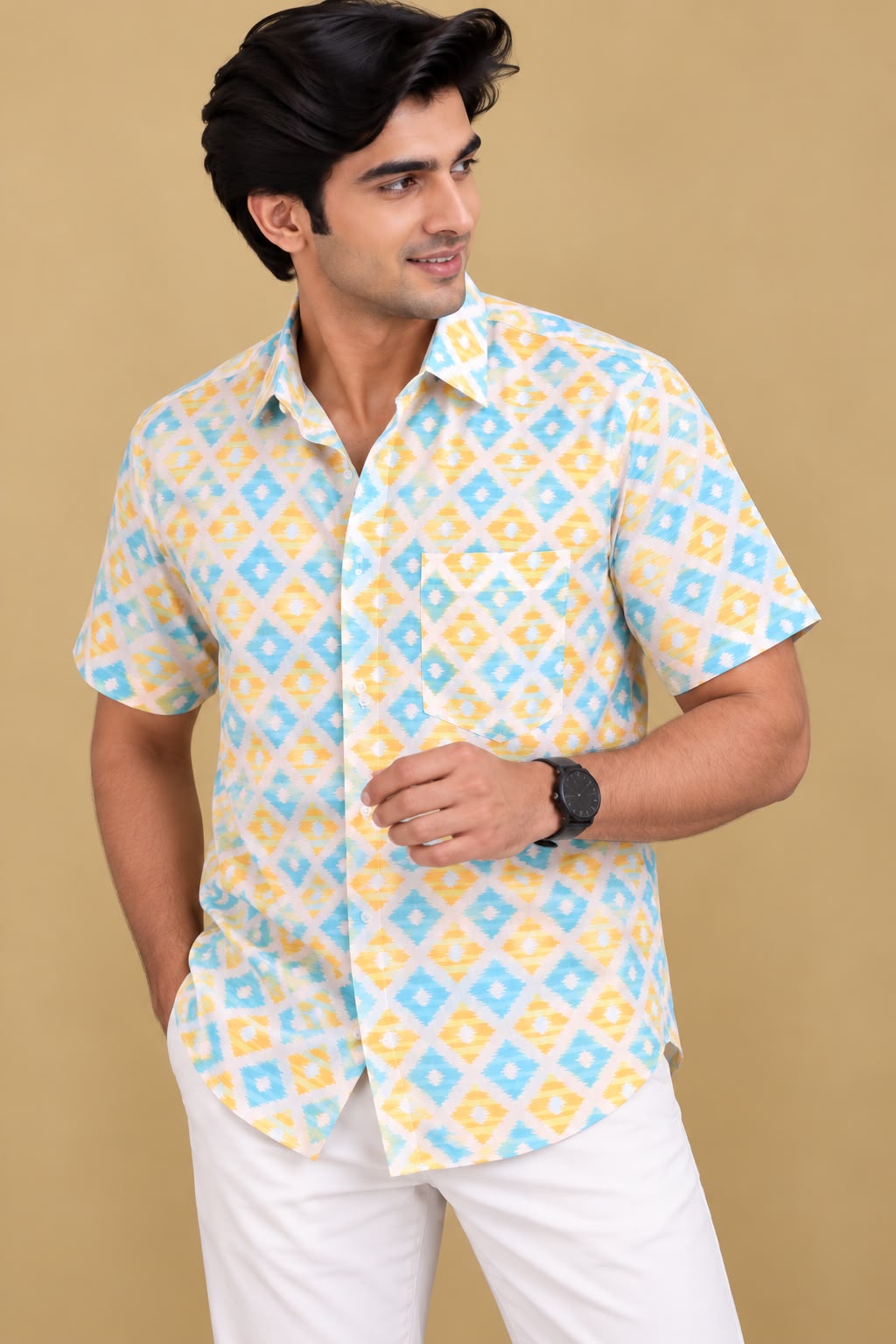 Vibrant Multicolor Wrinkle Free Cotton Linen Digital Printed Shirt