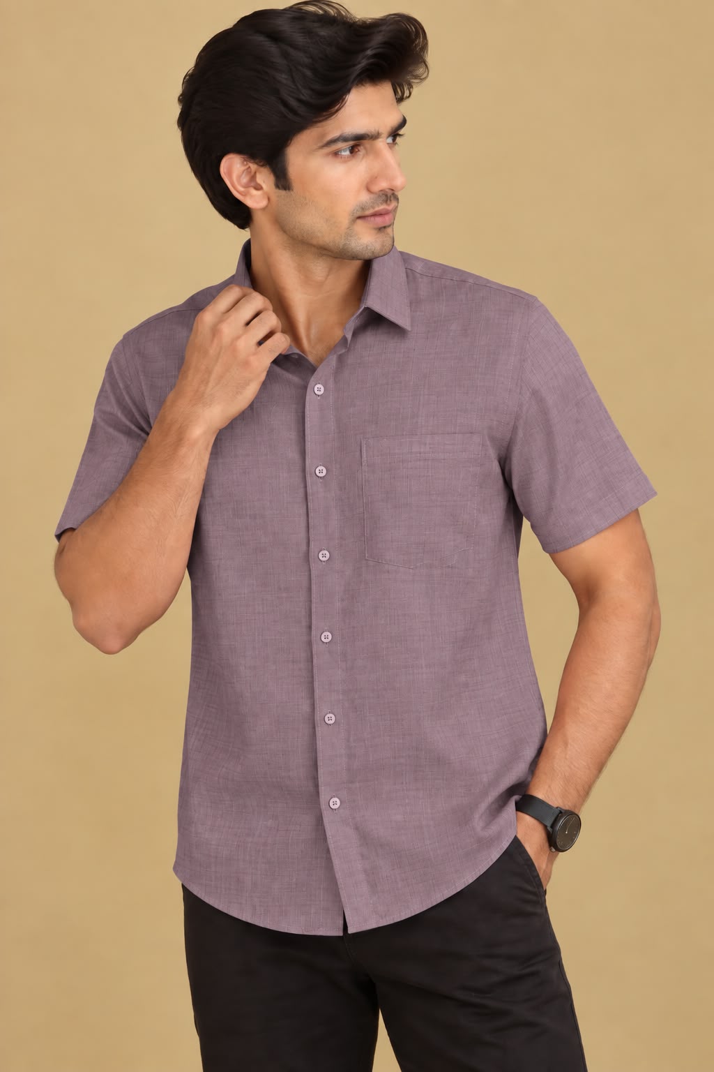 Stylish Purple Plain Linen Cotton Half Sleeve Shirt