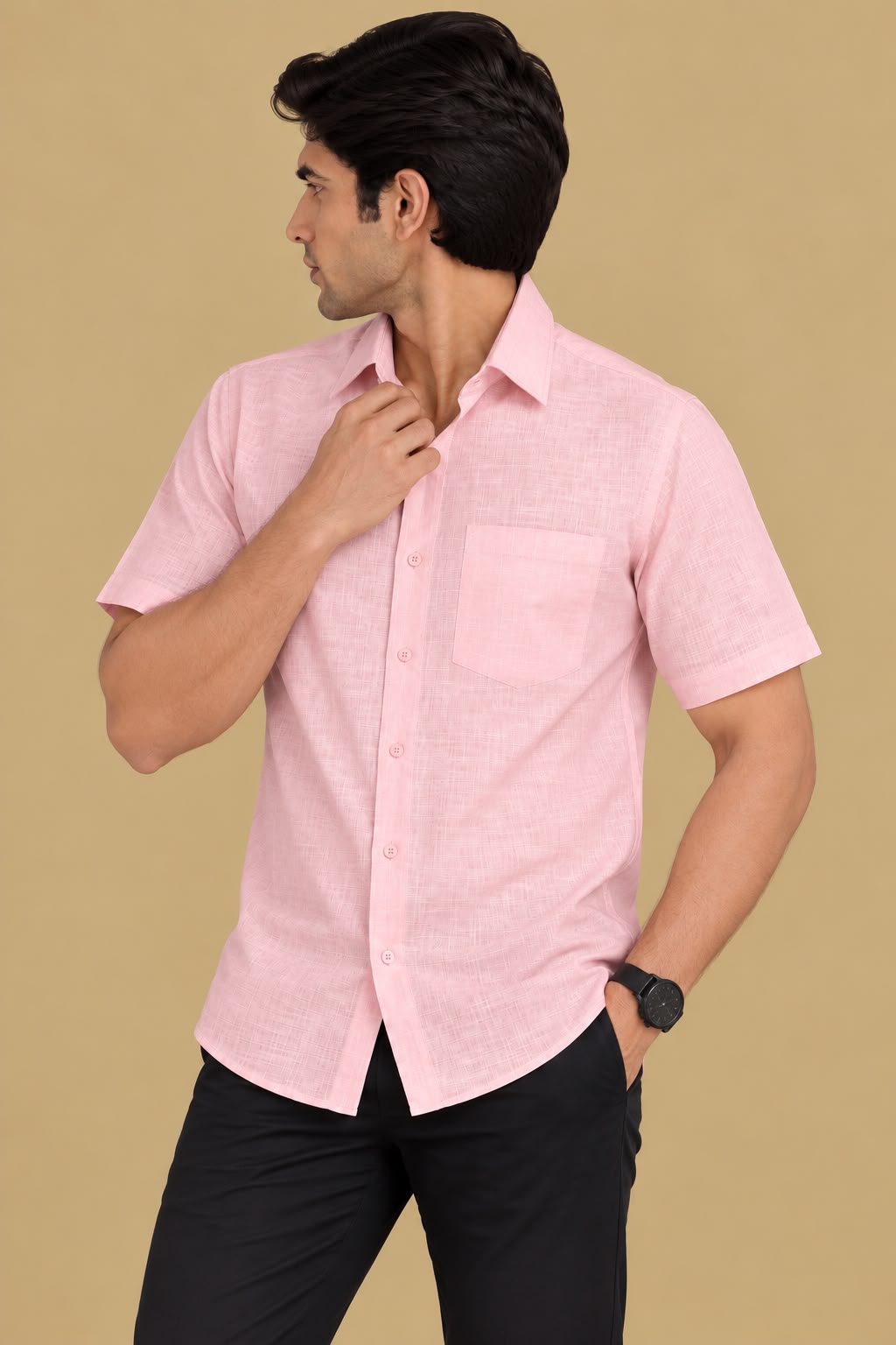 Soft Pink Plain Linen Cotton Full Sleeve Shirt