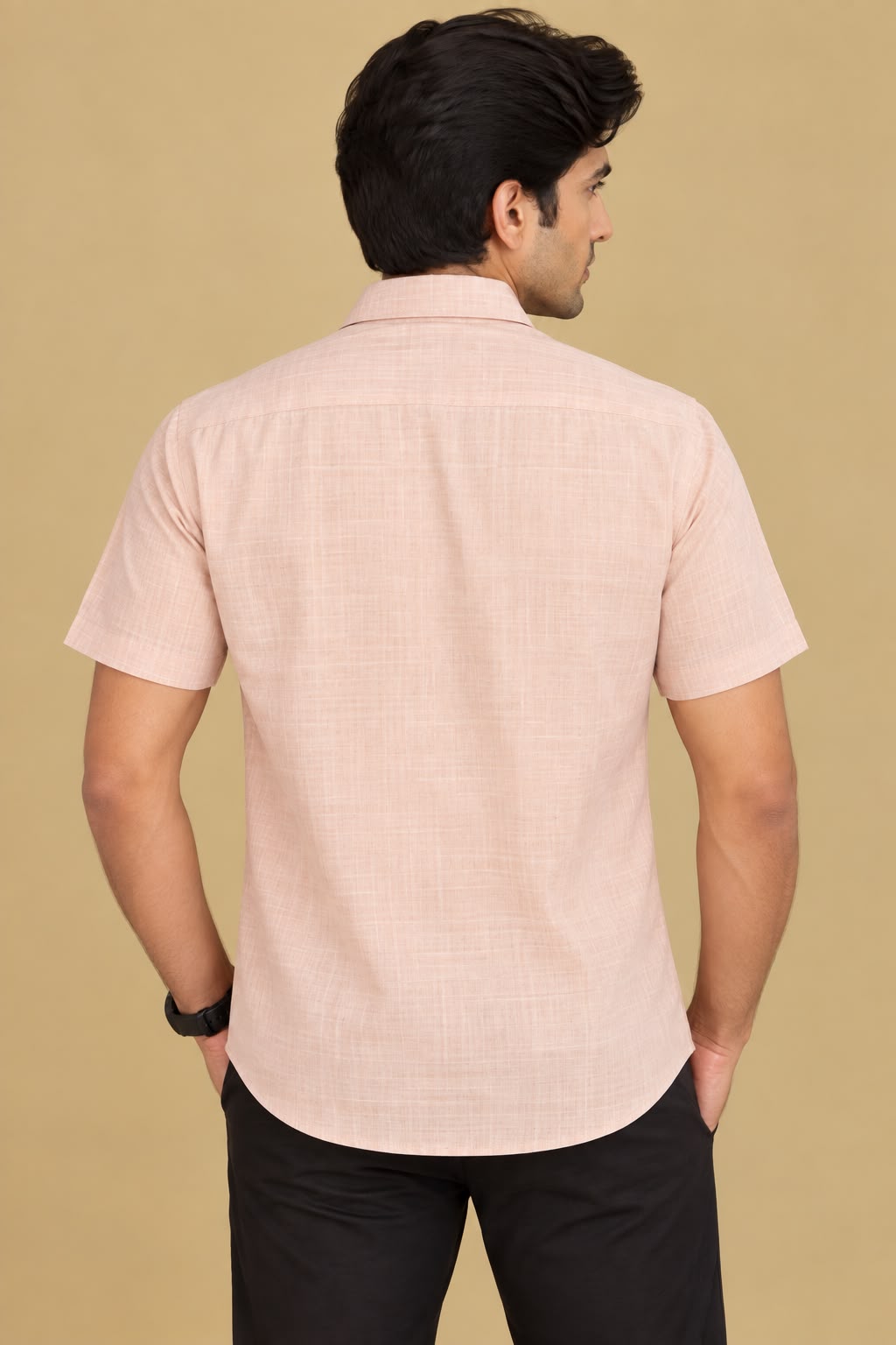 Peach Plain Linen Cotton Half Sleeve Shirt