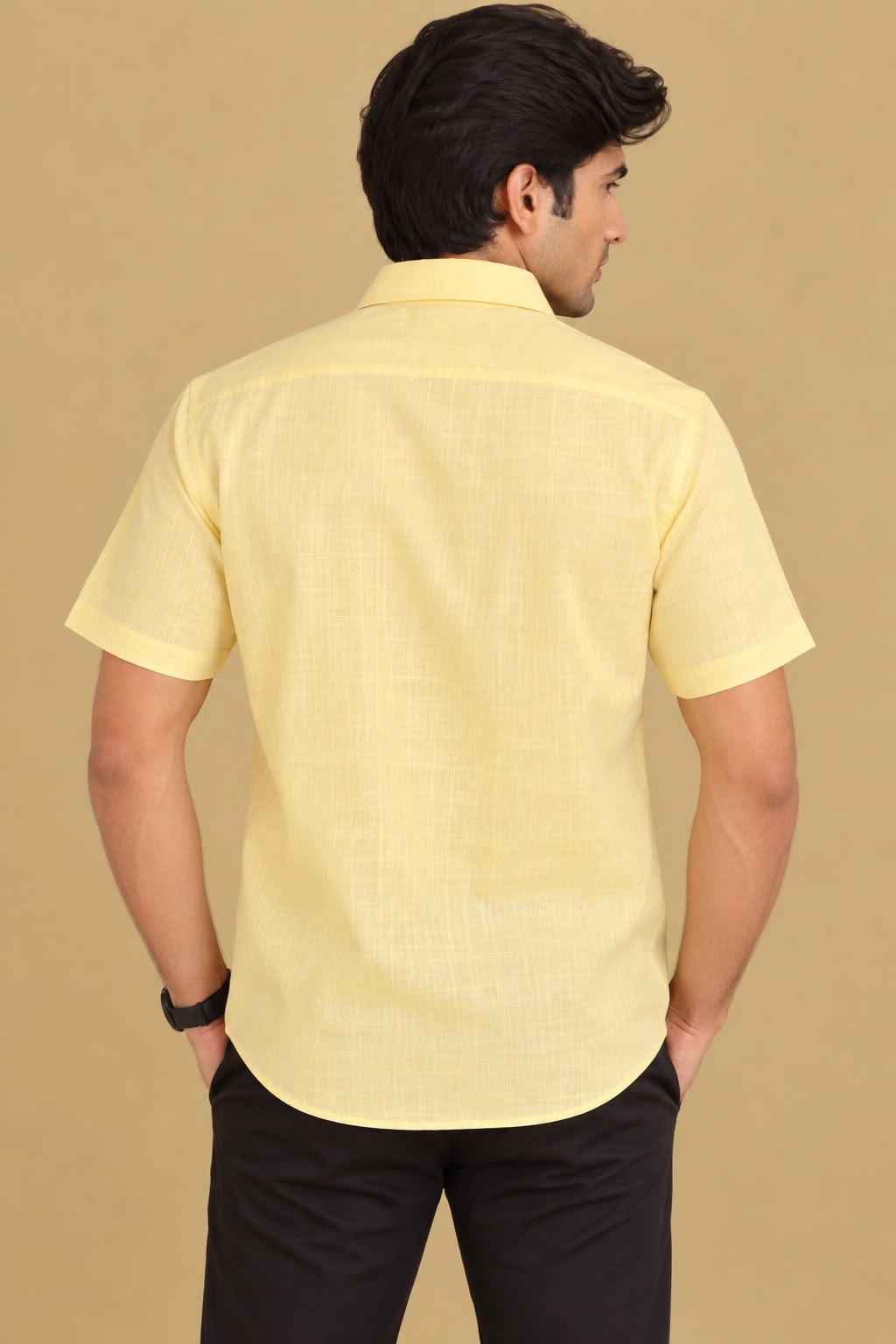 Sunshine Yellow Plain Linen Cotton Half Sleeve Shirt