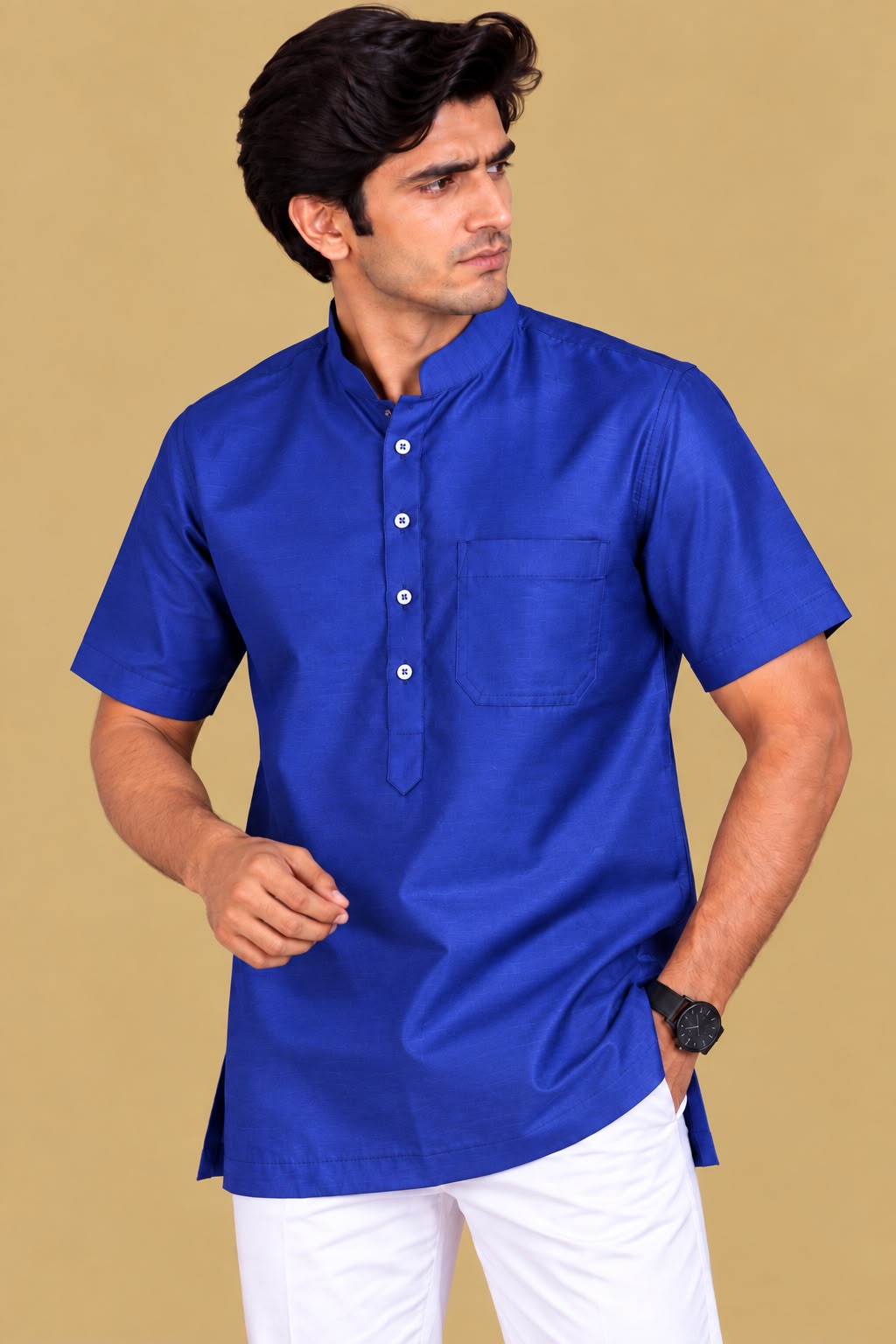 Blue Plain Silk Short Kurta