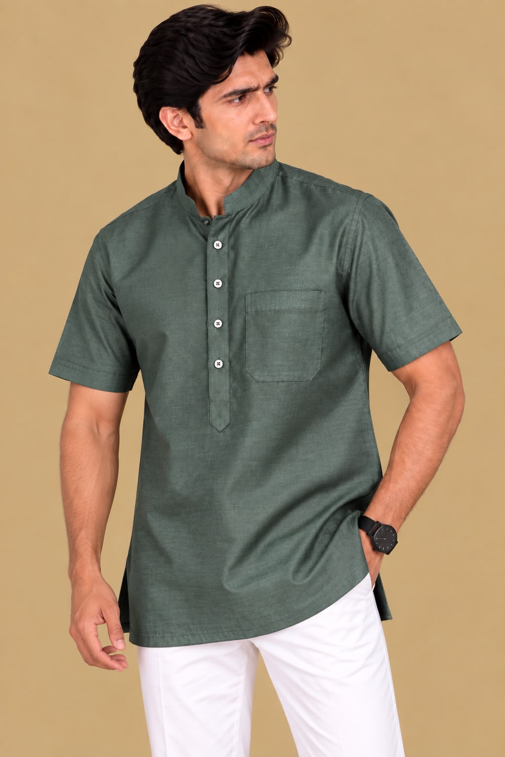 Green Plain Silk Short Kurta - Simple Elegance