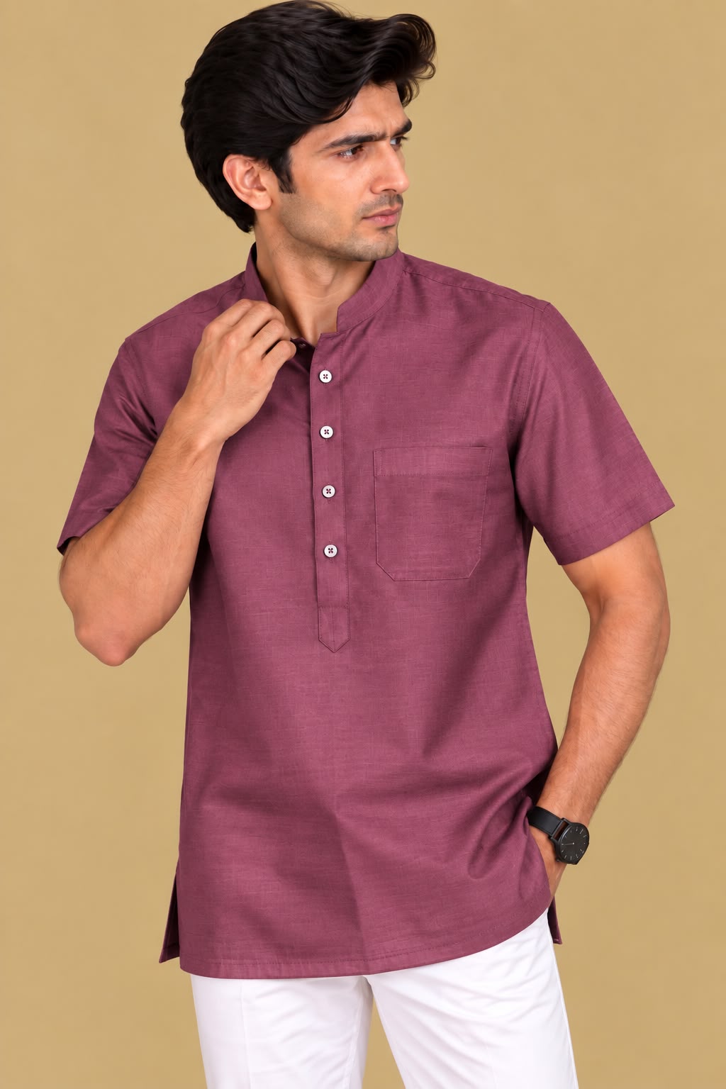Stylish Wine Plain Silk Short Kurta