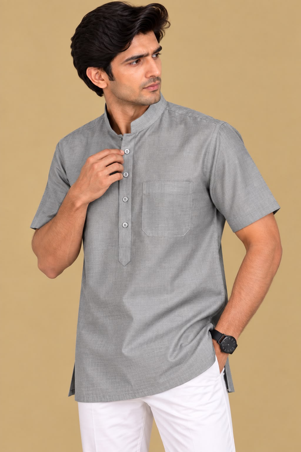Classic Grey Plain Silk Short Kurta