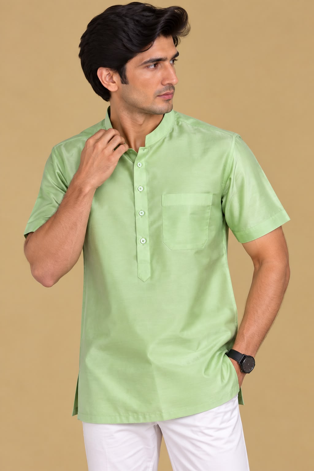 Stylish Green Plain Silk Short Kurta