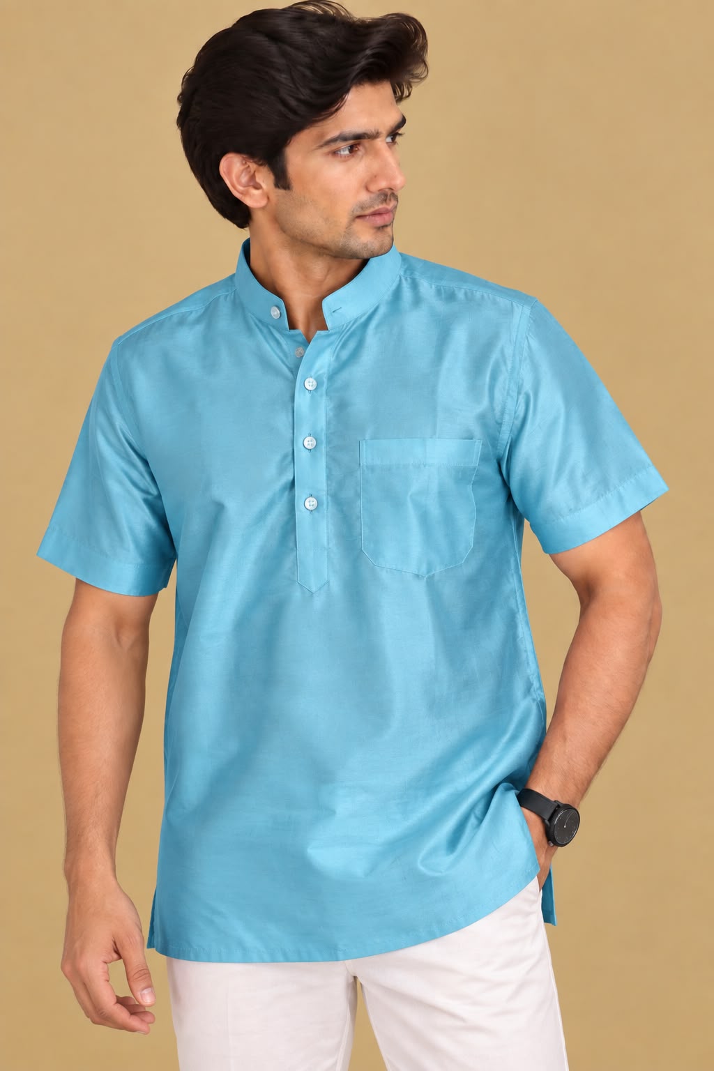 Stylish Blue Plain Silk Short Kurta