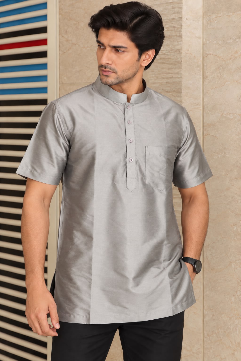 Stylish Grey Plain Silk Short Kurta