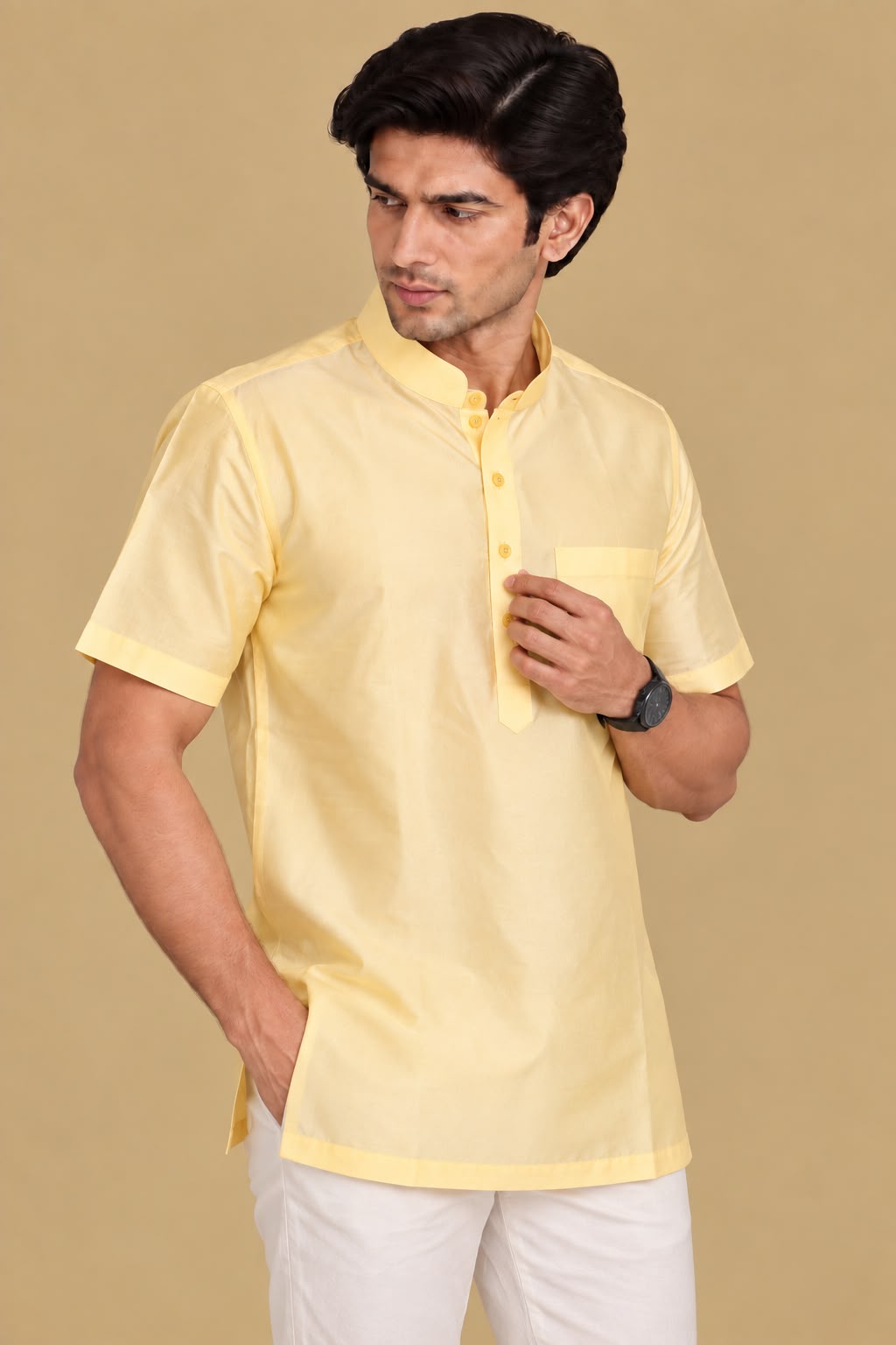 Stylish Cream Plain Silk Short Kurta