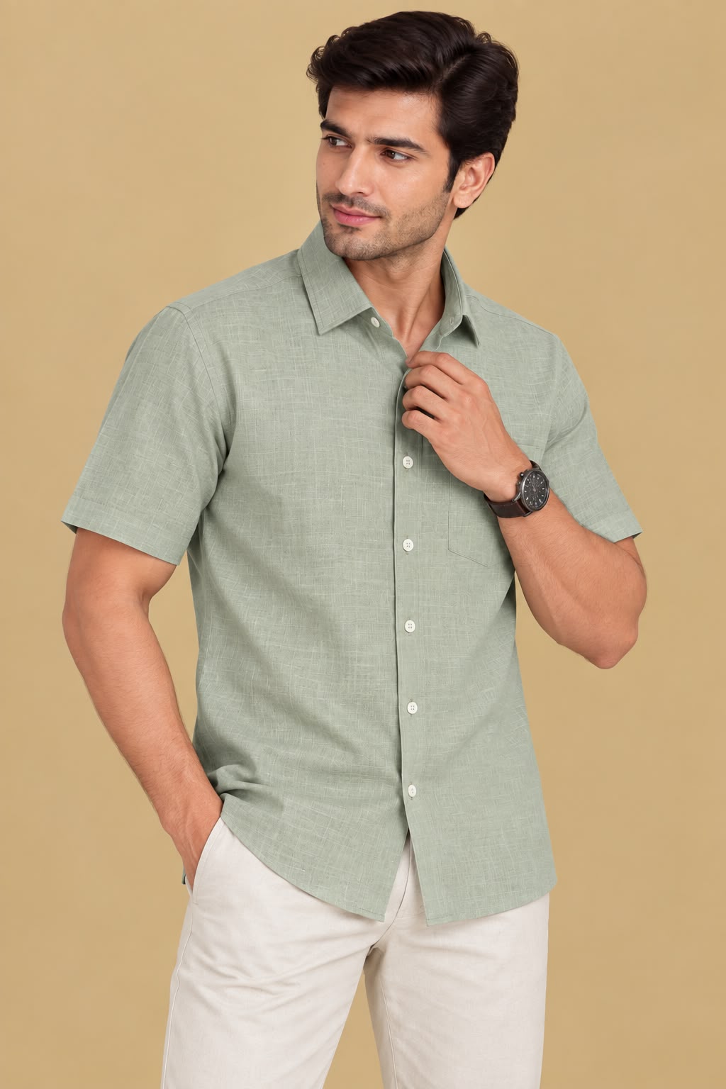 Green Plain Linen Cotton Full Sleeve Shirt