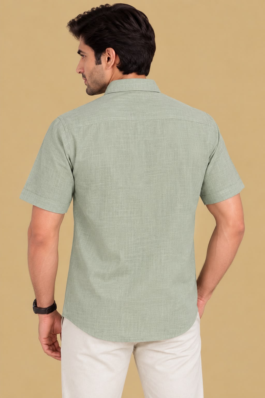 Green Plain Linen Cotton Full Sleeve Shirt