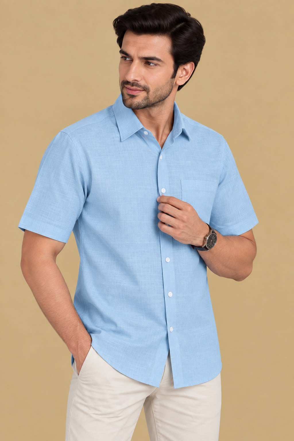 Classic Blue Plain Linen Cotton Full Sleeve Shirt
