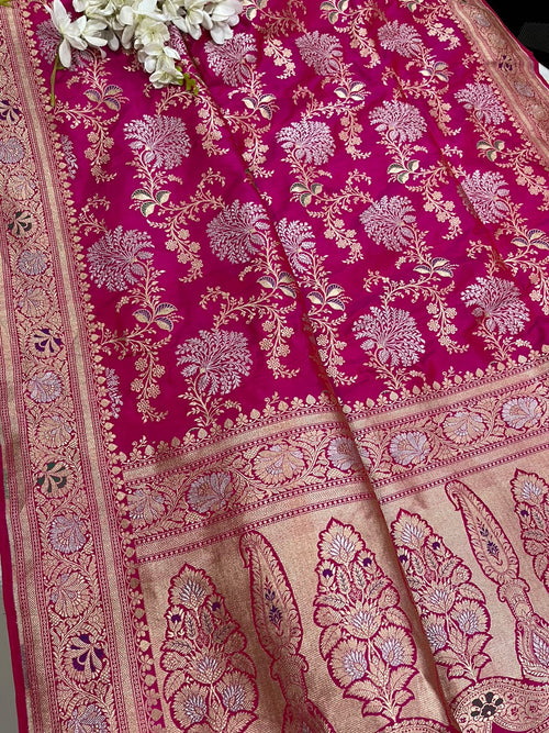 Pink Handloom Banarasi Pure Katan Silk Flower Design Sona Roopa Saree