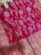 Pink Handloom Banarasi Pure Katan Silk Flower Design Sona Roopa Saree