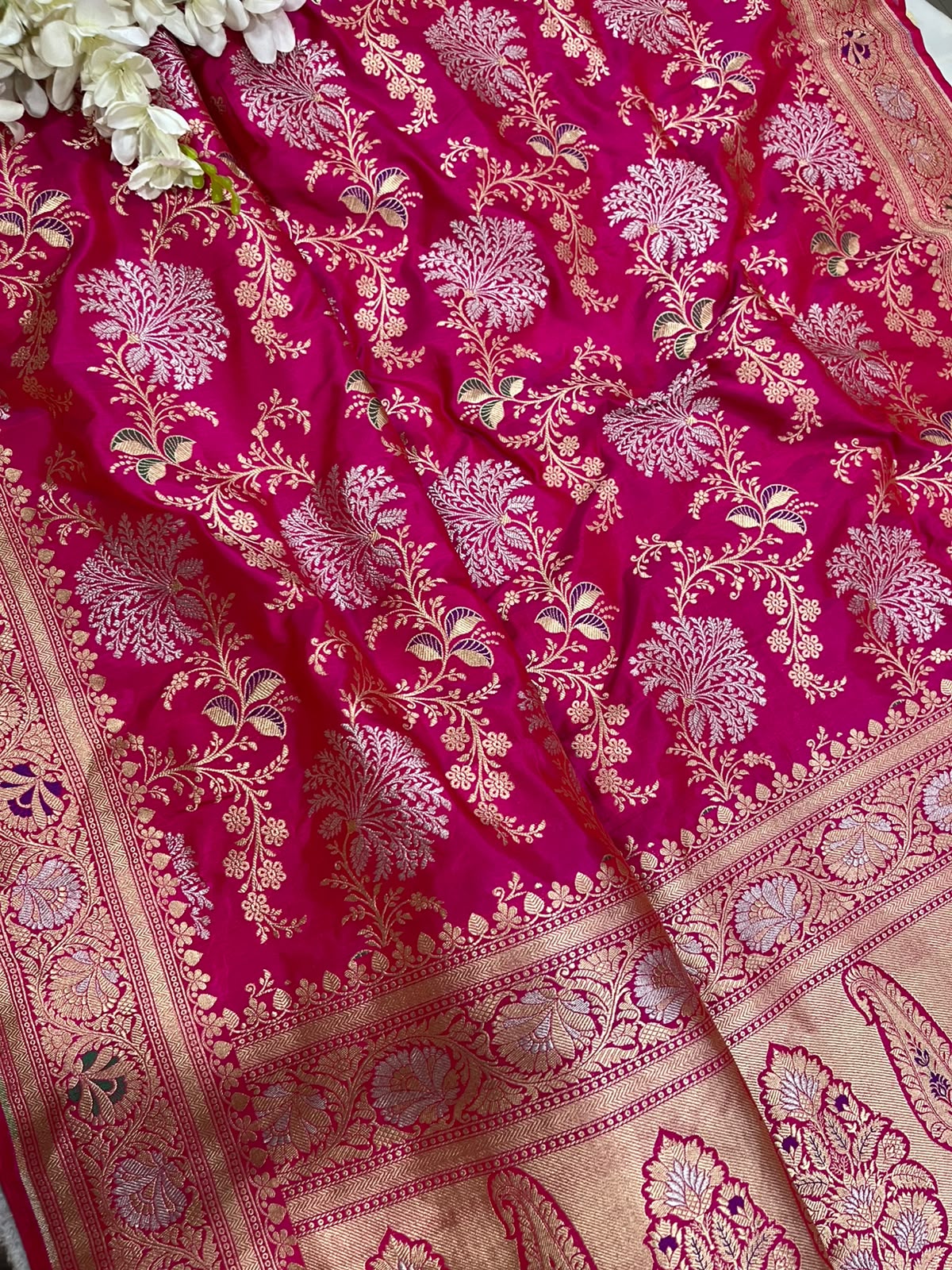 Pink Handloom Banarasi Pure Katan Silk Flower Design Sona Roopa Saree