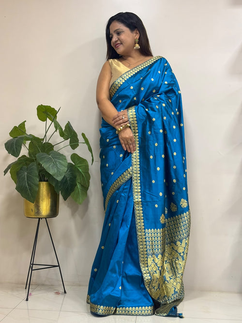 Blue Handloom Assamese Pat Mulberry Silk Saree