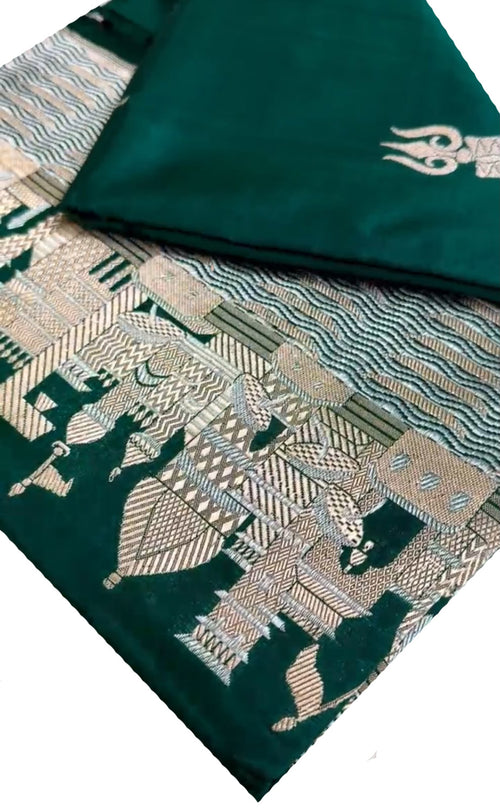 Green Banarasi Handloom Pure Katan Silk Ghat & Trishul Design Saree