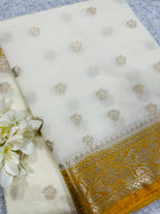 Yellow and White Banarasi Soft Silk Saree