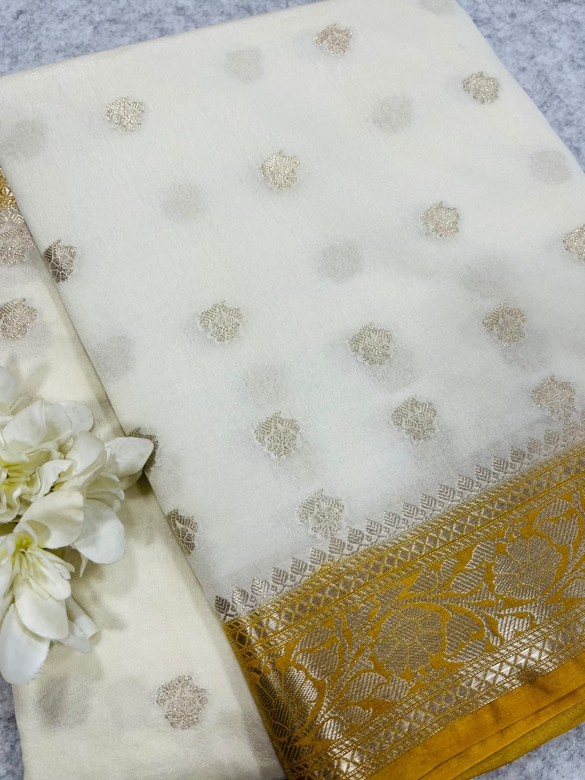 Yellow and White Banarasi Soft Silk Saree