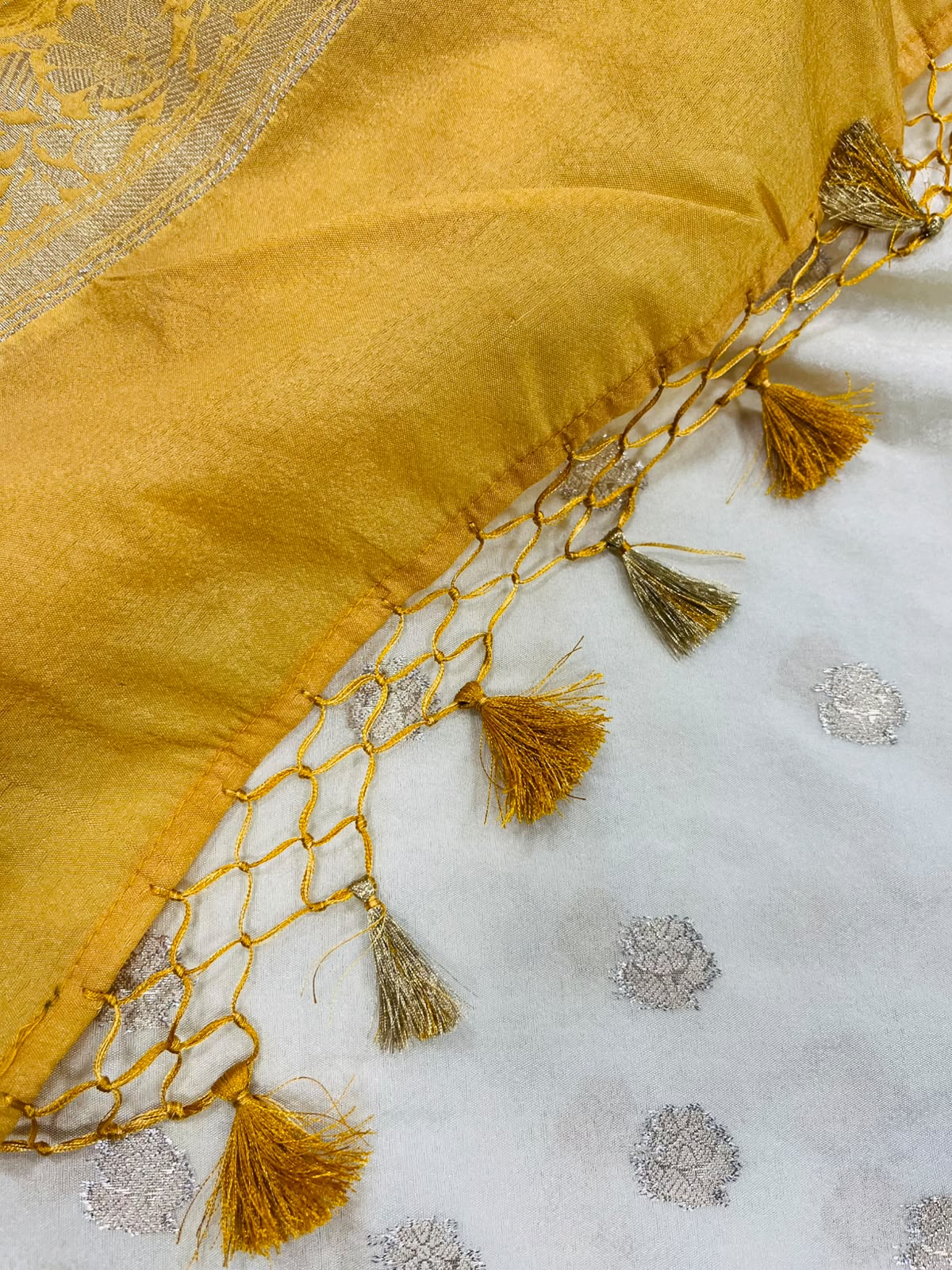 Yellow and White Banarasi Soft Silk Saree