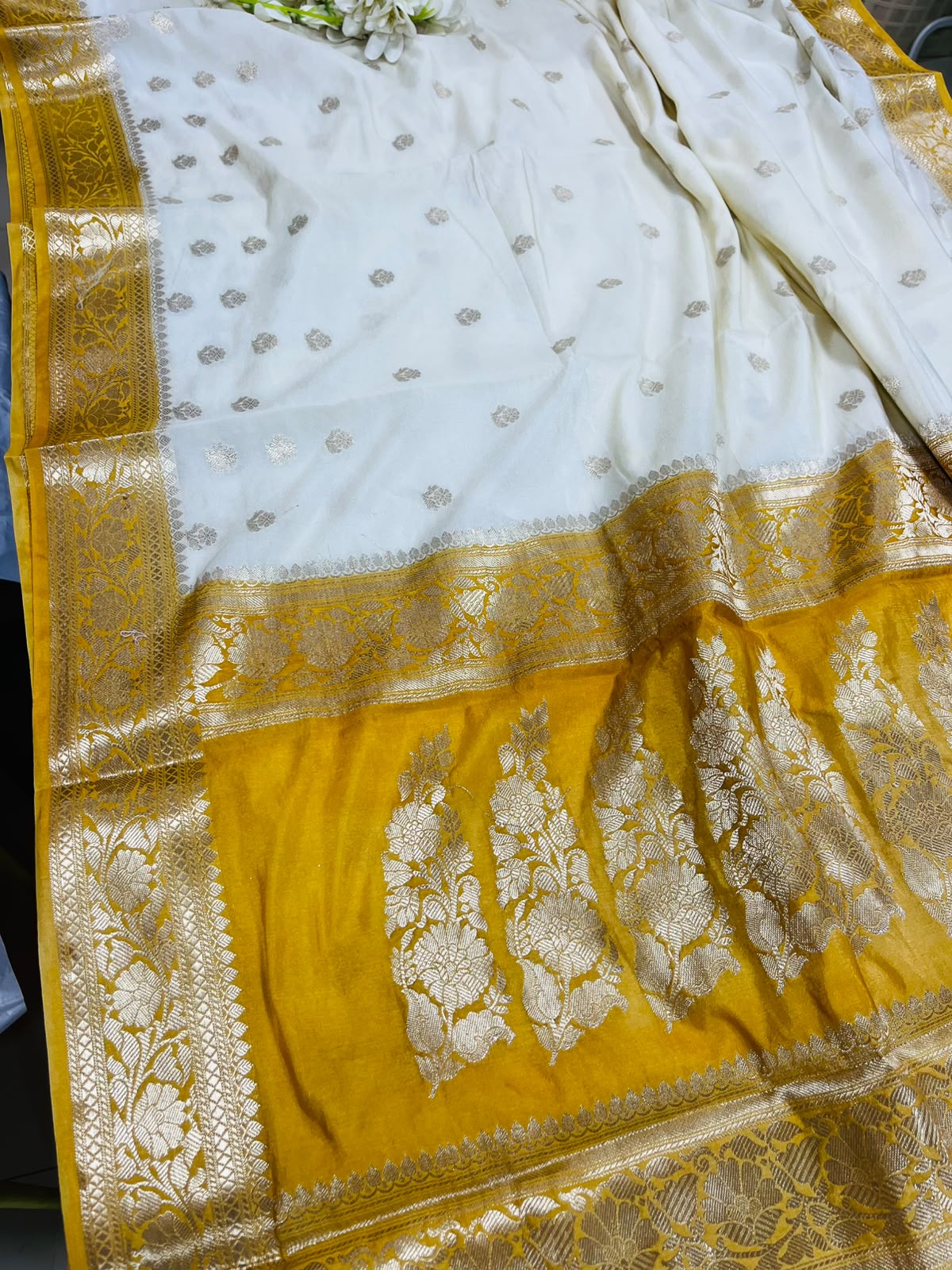 Yellow and White Banarasi Soft Silk Saree