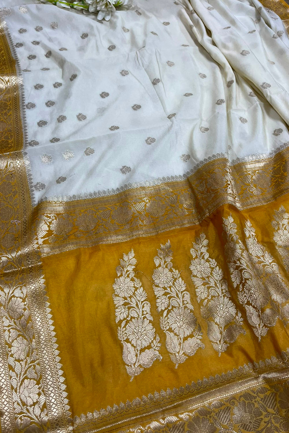 Yellow and White Banarasi Soft Silk Saree