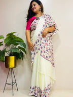 White Kashmiri Sozni Pure Crepe Saree—Full Jaal Embroidery, Bridal & Wedding