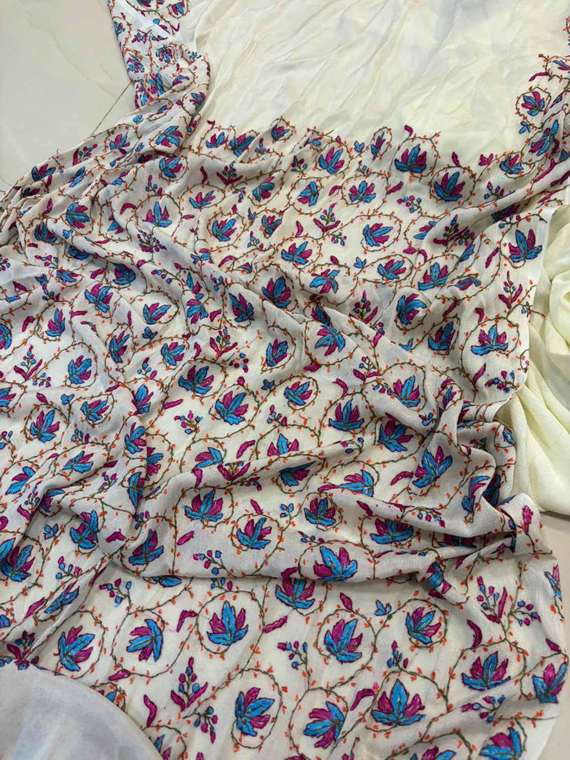 White Kashmiri Sozni Pure Crepe Saree—Full Jaal Embroidery, Bridal & Wedding