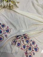 White Kashmiri Sozni Pure Crepe Saree—Full Jaal Embroidery, Bridal & Wedding