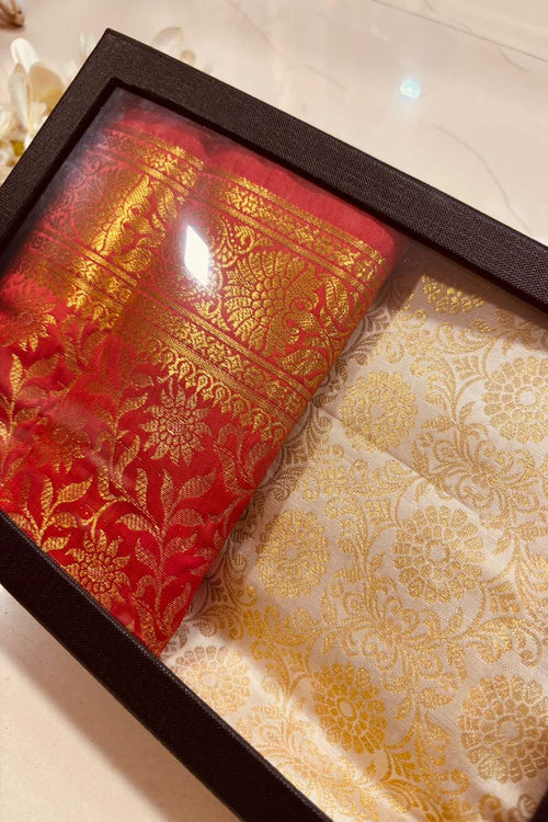 Premium Red and White Banarasi Silk Fashion Stole Gift Set of Two Stylish Wrap for Festive | College | Casual | Night Parties - Luxurion World