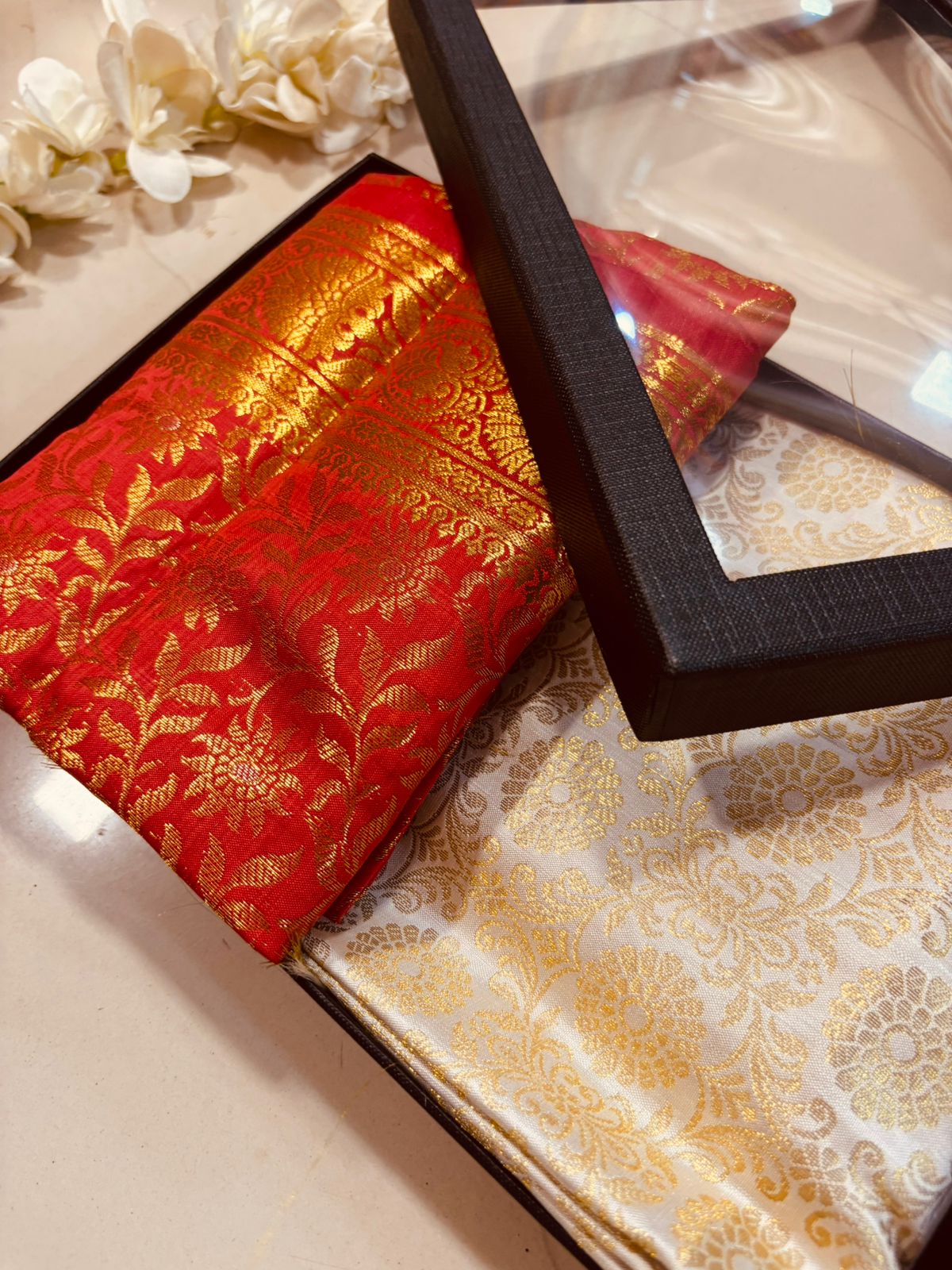 Premium Red and White Banarasi Silk Fashion Stole Gift Set of Two Stylish Wrap for Festive | College | Casual | Night Parties - Luxurion World