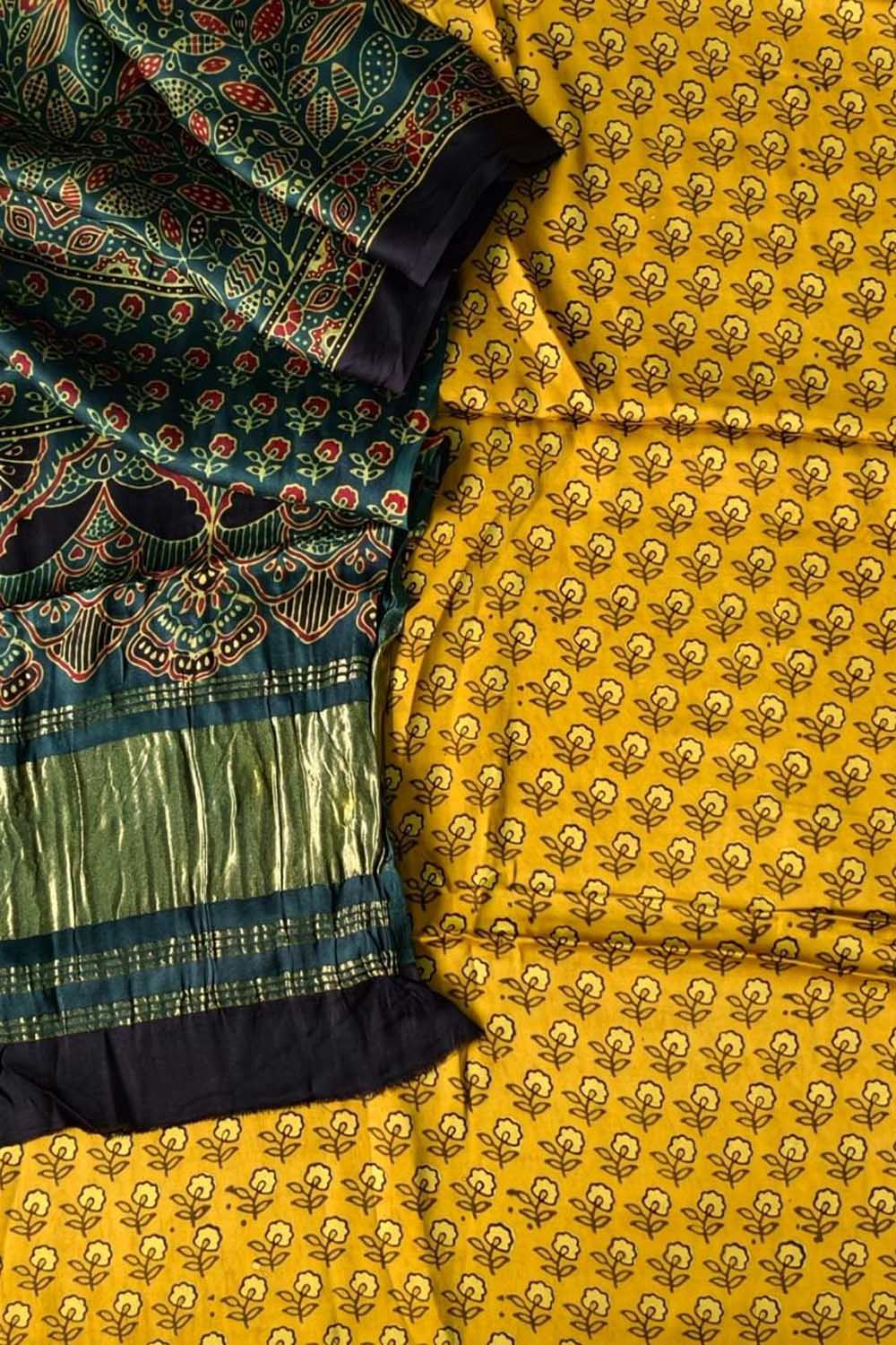 Yellow And Green Ajrakh Block Printed Modal Silk Unstitched Suit Set