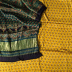 Yellow And Green Ajrakh Block Printed Modal Silk Unstitched Suit Set