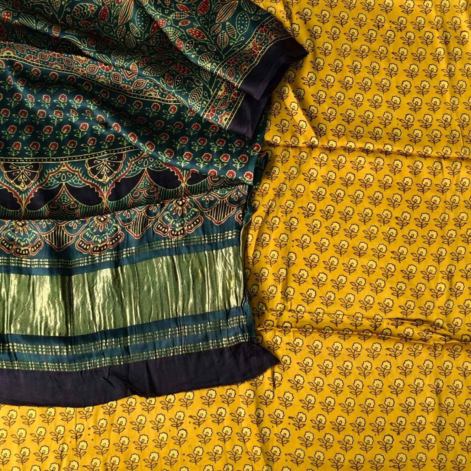 Yellow And Green Ajrakh Block Printed Modal Silk Unstitched Suit Set