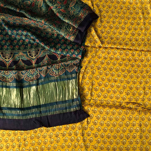 Yellow And Green Ajrakh Block Printed Modal Silk Two Piece Unstitched Suit Set