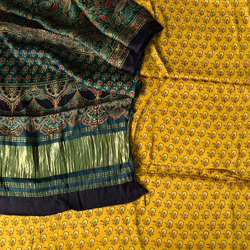 Yellow And Green Modal Silk Ajrakh Block Print 3 Piece Suit Set