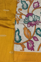 Yellow And Off White Kalamkari Hand Painted Raw Silk Suit With Chennur Silk Dupatta