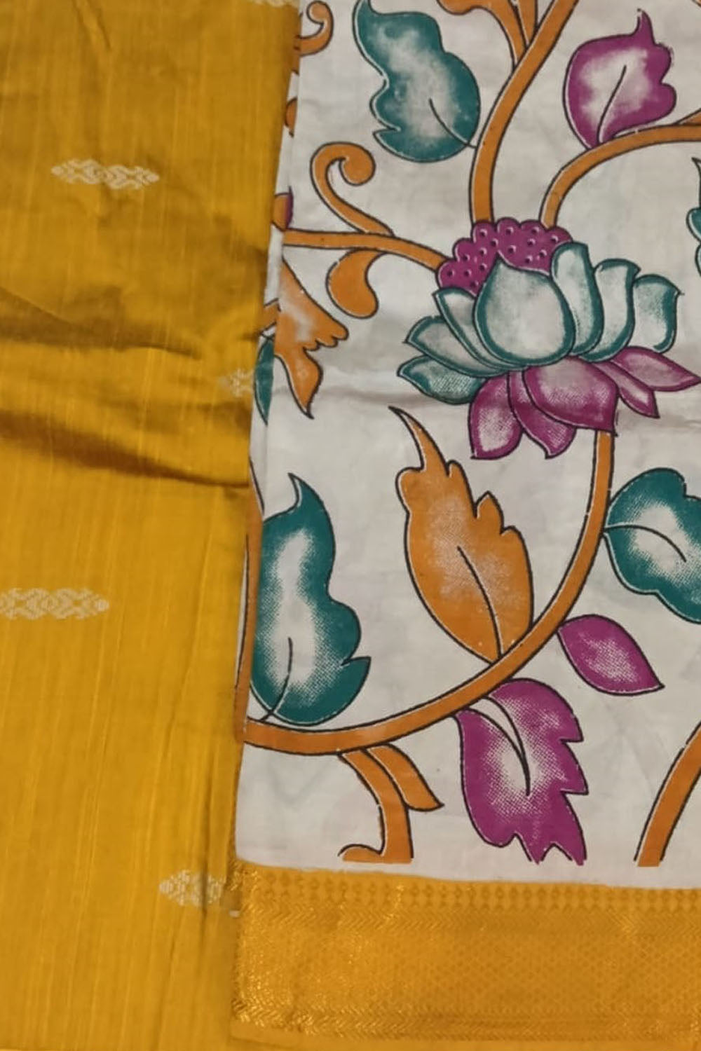 Yellow And Off White Kalamkari Hand Painted Raw Silk Suit With Chennur Silk Dupatta