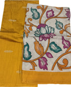 Yellow And Off White Kalamkari Hand Painted Raw Silk Suit With Chennur Silk Dupatta