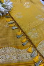 Yellow Banarasi Mashru Silk Saree — Zari Florals & Checks, Festive