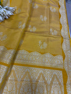 Yellow Banarasi Mashru Silk Saree — Zari Florals & Checks, Festive