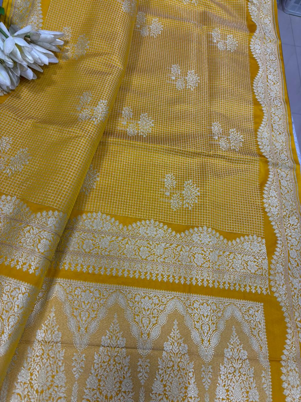 Yellow Banarasi Mashru Silk Saree — Zari Florals & Checks, Festive