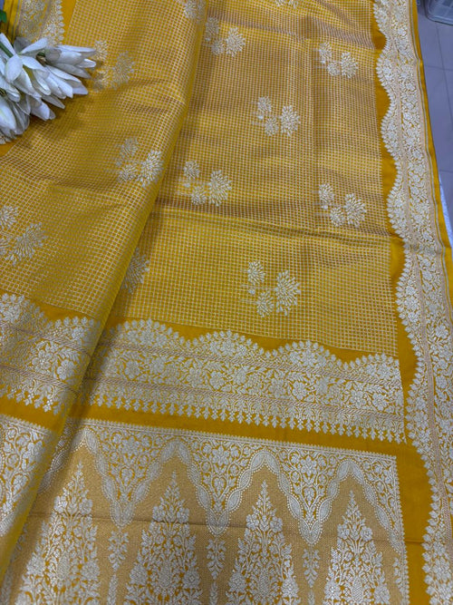 Yellow Banarasi Mashru Silk Flower And Checks Design Saree IS1B1ND226061806