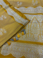 Yellow Banarasi Mashru Silk Saree — Zari Florals & Checks, Festive