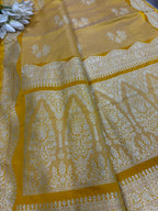 Yellow Banarasi Mashru Silk Saree — Zari Florals & Checks, Festive