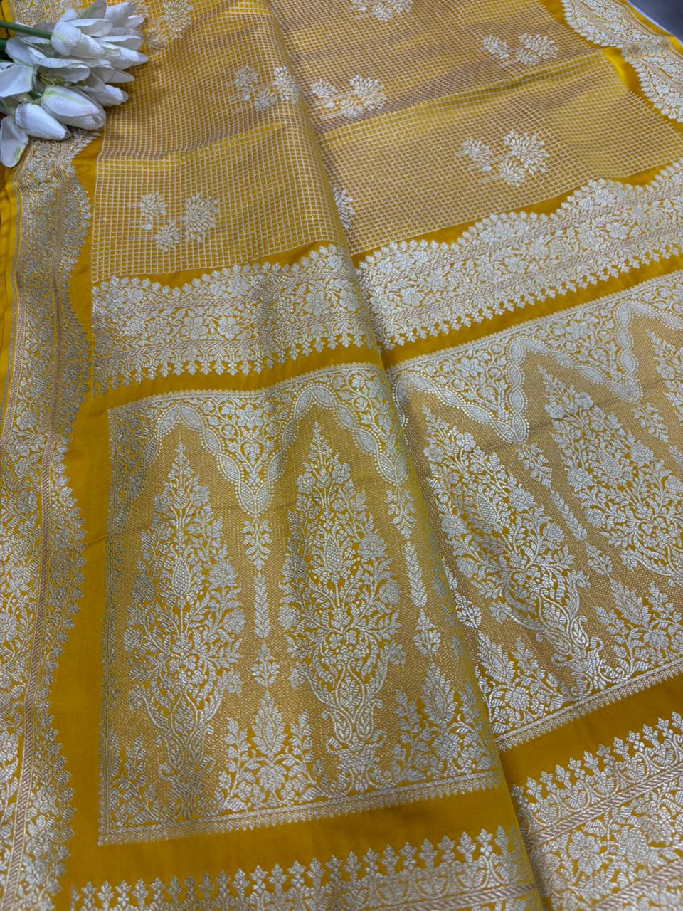 Yellow Banarasi Mashru Silk Saree — Zari Florals & Checks, Festive