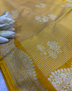 Yellow Banarasi Mashru Silk Saree — Zari Florals & Checks, Festive