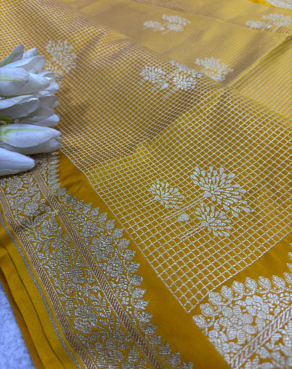 Yellow Banarasi Mashru Silk Saree — Zari Florals & Checks, Festive