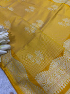 Yellow Banarasi Mashru Silk Saree — Zari Florals & Checks, Festive