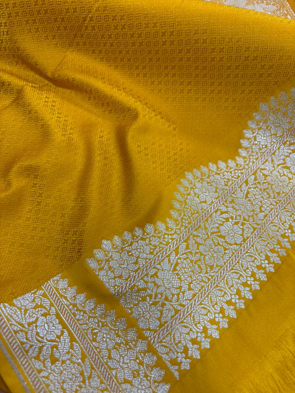 Yellow Banarasi Mashru Silk Saree — Zari Florals & Checks, Festive